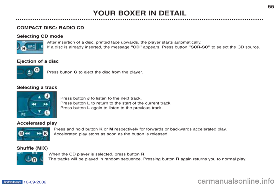 PEUGEOT BOXER 2002  Owners Manual 16-09-2002
YOUR BOXER IN DETAIL55
COMPACT DISC: RADIO CD Selecting CD mode After insertion of a disc, printed face upwards, the player starts automatically. If a disc is already inserted, the message 