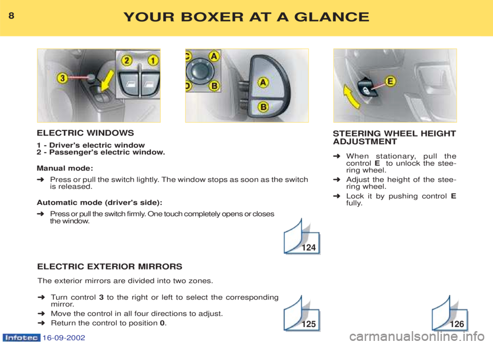 PEUGEOT BOXER 2002  Owners Manual 16-09-2002
ELECTRIC WINDOWS 1 - Drivers electric window 
2 - Passengers electric window. Manual mode:   ➜Press or pull the switch lightly. The window stops as soon as the switch
is released. 
Auto