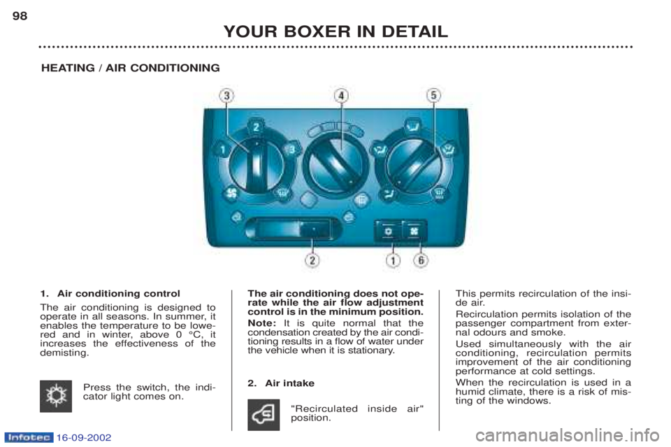PEUGEOT BOXER 2002  Owners Manual 16-09-2002
YOUR BOXER IN DETAIL
98
HEATING / AIR CONDITIONING
1. Air conditioning control The air conditioning is designed to 
operate in all seasons. In summer, itenables the temperature to be lowe-
