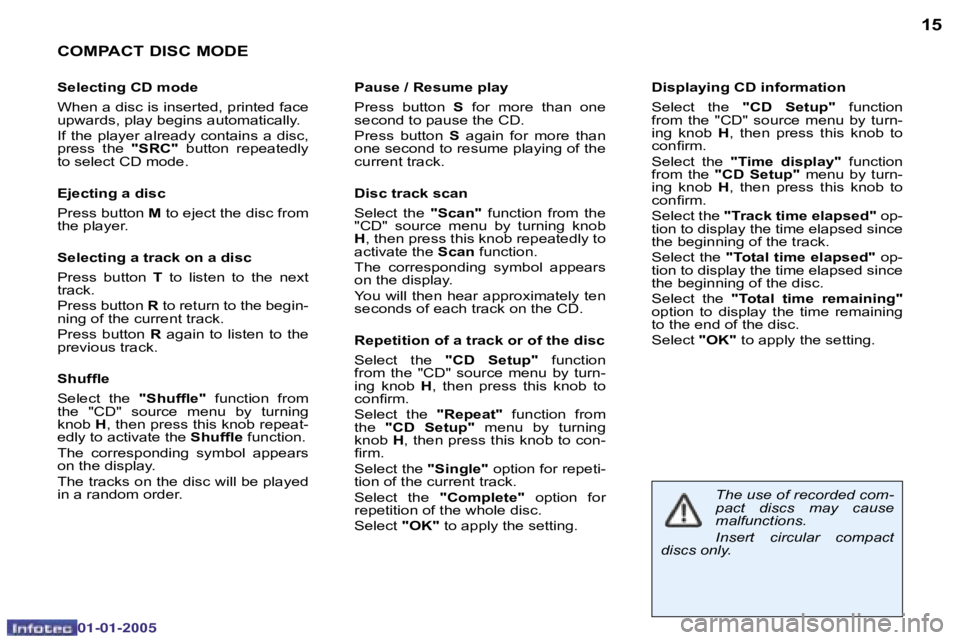 PEUGEOT BOXER DAG 2005  Owners Manual �1�4
�0�2�-�0�8�-�2�0�0�4
�1�5
�C�O�M�P�A�C�T� �D�I�S�C� �M�O�D�E
�S�e�l�e�c�t�i�n�g� �C�D� �m�o�d�e 
�W�h�e�n� �a� �d�i�s�c� �i�s� �i�n�s�e�r�t�e�d�,� �p�r�i�n�t�e�d� �f�a�c�e�  
�u�p�w�a�r�d�s�,� �p