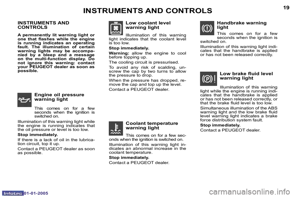 PEUGEOT BOXER DAG 2005  Owners Manual �1�8
�0�1�-�0�1�-�2�0�0�5
�1�9
�0�1�-�0�1�-�2�0�0�5
�I�N�S�T�R�U�M�E�N�T�S� �A�N�D�  
�C�O�N�T�R�O�L�S
�A�  �p�e�r�m�a�n�e�n�t�l�y�  �l�i�t�  �w�a�r�n�i�n�g�  �l�i�g�h�t�  �o�r�  
�o�n�e�  �t�h�a�t�  