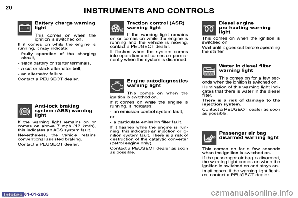 PEUGEOT BOXER DAG 2005  Owners Manual �2�0
�0�1�-�0�1�-�2�0�0�5
�2�1
�0�1�-�0�1�-�2�0�0�5
�B�a�t�t�e�r�y� �c�h�a�r�g�e� �w�a�r�n�i�n�g�  
�l�i�g�h�t
�T�h�i�s�  �c�o�m�e�s�  �o�n�  �w�h�e�n�  �t�h�e�  
�i�g�n�i�t�i�o�n� �i�s� �s�w�i�t�c�h�