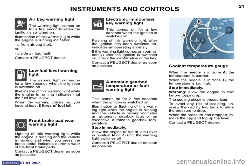 PEUGEOT BOXER DAG 2005  Owners Manual �2�0
�0�1�-�0�1�-�2�0�0�5
�2�1
�0�1�-�0�1�-�2�0�0�5
�A�i�r� �b�a�g� �w�a�r�n�i�n�g� �l�i�g�h�t
�T�h�e�  �w�a�r�n�i�n�g�  �l�i�g�h�t�  �c�o�m�e�s�  �o�n�  
�f�o�r�  �a�  �f�e�w�  �s�e�c�o�n�d�s�  �w�h�