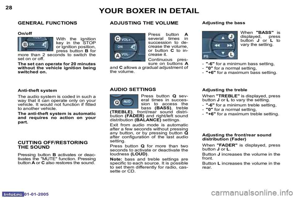 PEUGEOT BOXER DAG 2005  Owners Manual �2�8
�0�1�-�0�1�-�2�0�0�5
�2�9
�0�1�-�0�1�-�2�0�0�5
�G�E�N�E�R�A�L� �F�U�N�C�T�I�O�N�S
�O�n�/�o�f�f
�A�D�J�U�S�T�I�N�G� �T�H�E� �V�O�L�U�M�E�A�d�j�u�s�t�i�n�g� �t�h�e� �b�a�s�s
�W�i�t�h�  �t�h�e�  �i�