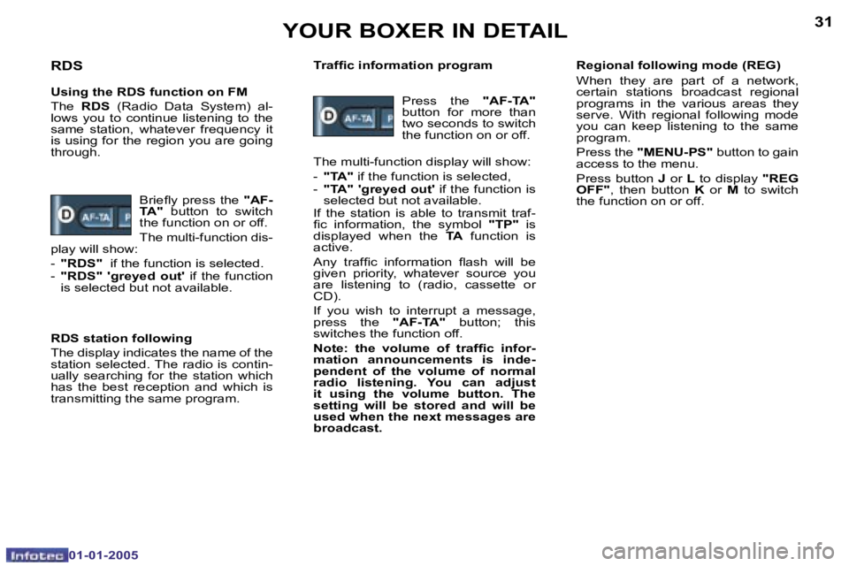 PEUGEOT BOXER DAG 2005  Owners Manual �3�0
�0�1�-�0�1�-�2�0�0�5
�3�1
�0�1�-�0�1�-�2�0�0�5
�R�D�S
�U�s�i�n�g� �t�h�e� �R�D�S� �f�u�n�c�t�i�o�n� �o�n� �F�M 
�T�h�e� �R�D�S�  �(�R�a�d�i�o�  �D�a�t�a�  �S�y�s�t�e�m�)�  �a�l�-
�l�o�w�s�  �y�o�