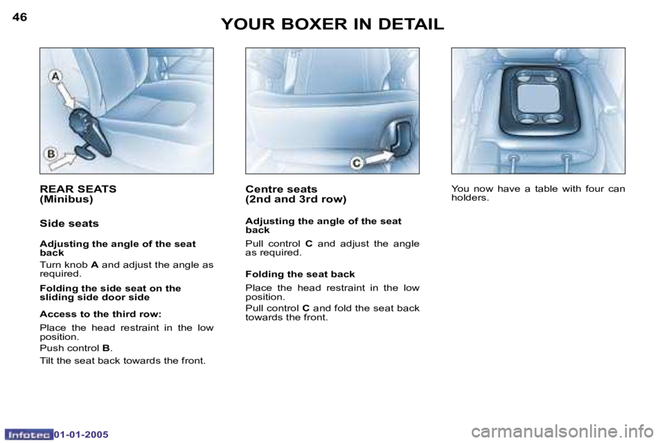 PEUGEOT BOXER DAG 2005  Owners Manual �4�6
�0�1�-�0�1�-�2�0�0�5
�4�7
�0�1�-�0�1�-�2�0�0�5
�R�E�A�R� �S�E�A�T�S�  
�(�M�i�n�i�b�u�s�)
�S�i�d�e� �s�e�a�t�s
�A�d�j�u�s�t�i�n�g� �t�h�e� �a�n�g�l�e� �o�f� �t�h�e� �s�e�a�t�  
�b�a�c�k 
�T�u�r�n