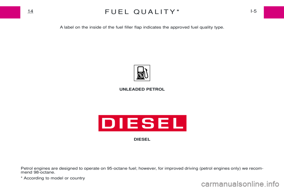 PEUGEOT EXPERT 2001  Owners Manual FUEL QUALITY*I-5
14
A label on the inside of the fuel filler flap indicates the approved fuel quality type.
Petrol engines are designed to operate on 95-octane fuel; however, for improved driving (pet