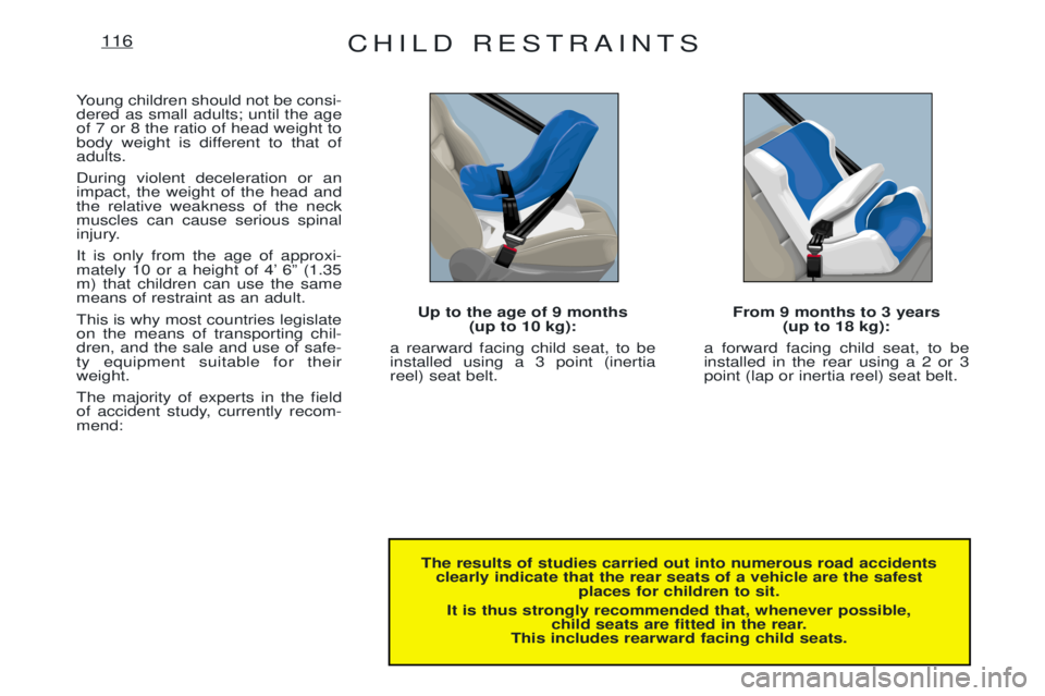 PEUGEOT EXPERT 2001 Owners Manual CHILD RESTRAINTS116
The results of studies carried out into numerous road accidentsclearly indicate that the rear seats of a vehicle are the safest places for children to sit.
It is thus strongly reco PEUGEOT EXPERT 2001 Owners Manual CHILD RESTRAINTS116
The results of studies carried out into numerous road accidentsclearly indicate that the rear seats of a vehicle are the safest places for children to sit.
It is thus strongly reco