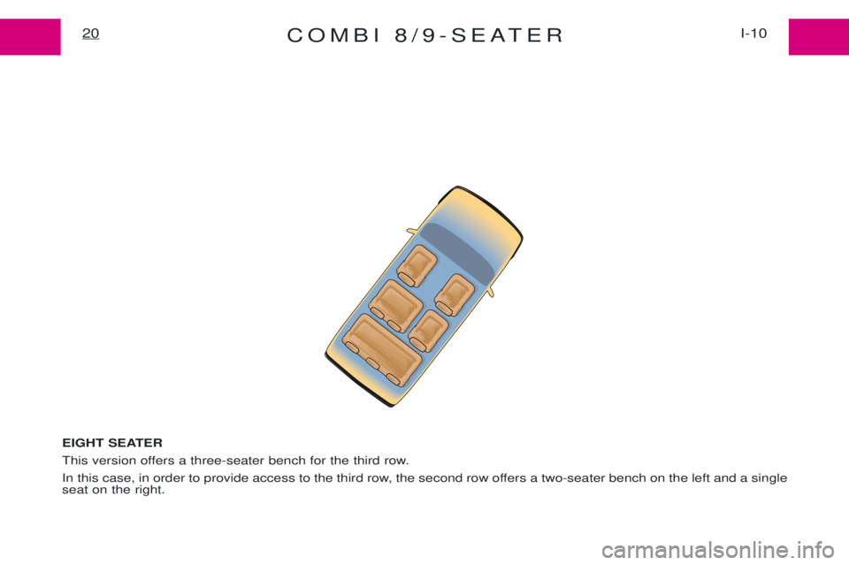 PEUGEOT EXPERT 2001  Owners Manual COMBI 8/9-SEATERI-10
20
EIGHT SEATER  
This version offers a three-seater bench for the third row.
In this case, in order to provide access to the third row, the second row offers a two-seater bench o