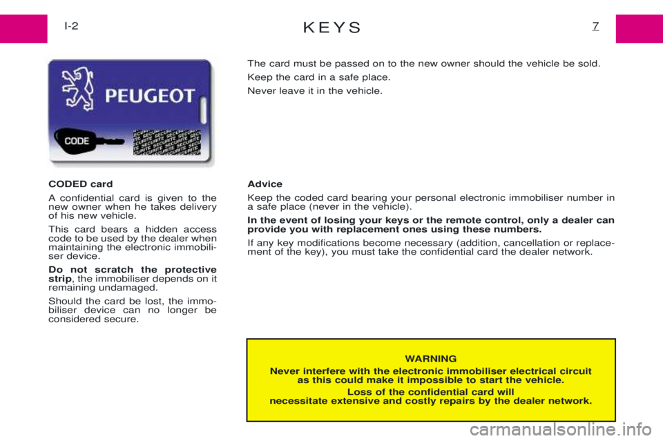 PEUGEOT EXPERT 2001 Owners Manual KEYS7I-2
WARNING
Never interfere with the electronic immobiliser electrical circuit as this could make it impossible to start the vehicle.
Loss of the confidential card will
necessitate extensive and PEUGEOT EXPERT 2001 Owners Manual KEYS7I-2
WARNING
Never interfere with the electronic immobiliser electrical circuit as this could make it impossible to start the vehicle.
Loss of the confidential card will
necessitate extensive and