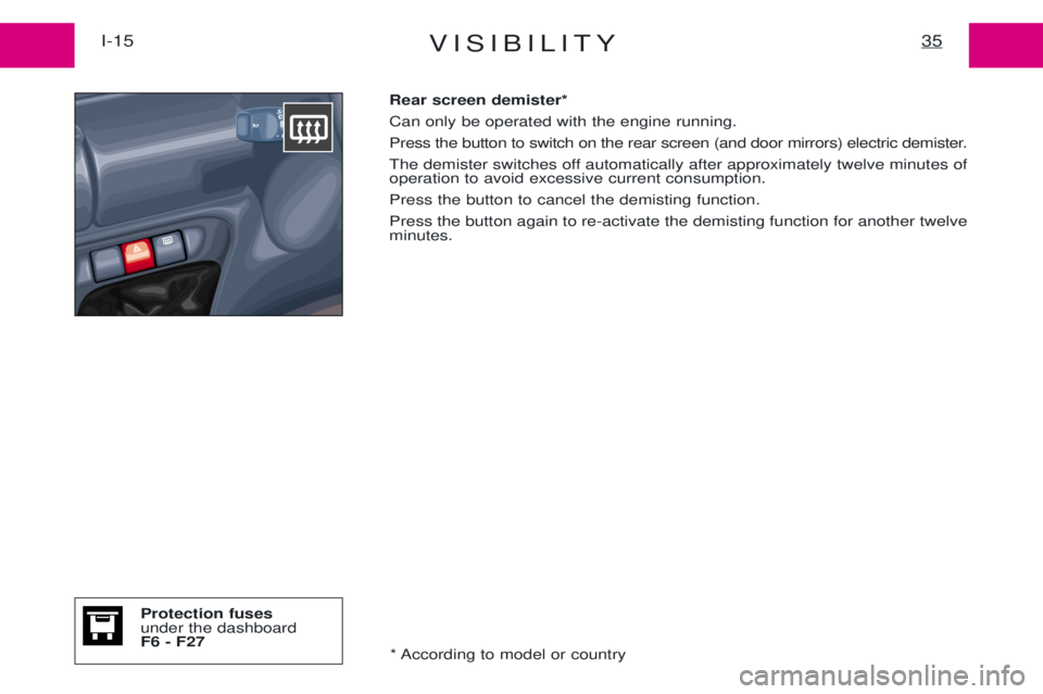 PEUGEOT EXPERT 2001  Owners Manual VISIBILITY35I-15Rear screen demister* Can only be operated with the engine running.
Press the button to switch on the rear screen (and door mirrors) electric demister.
The demister switches off automa