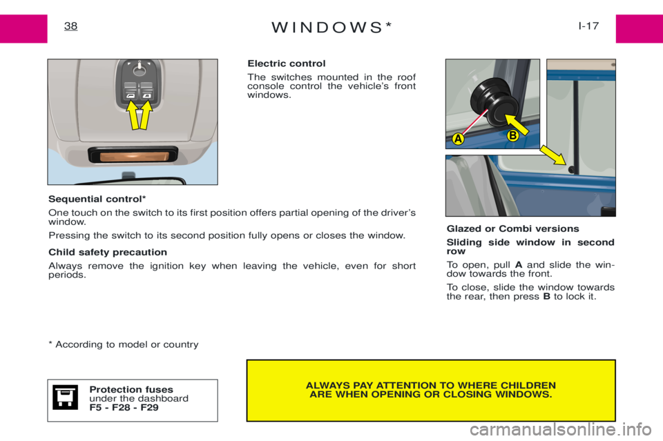 PEUGEOT EXPERT 2001  Owners Manual WINDOWS*I-17
38
AB
Electric control The switches mounted in the roof 
console control the vehicleÕs frontwindows.
ALWAYS PAY ATTENTION TO WHERE CHILDREN
ARE WHEN OPENING OR CLOSING WINDOWS.
Sequentia