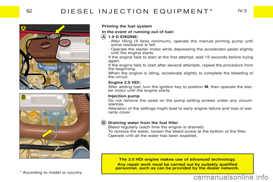 PEUGEOT EXPERT 2001 Owners Manual DIESEL INJECTION EQUIPMENT*IV-3
62
The 2.0 HDi engine makes use of advanced technology.
Any repair work must be carried out by suitably qualified
personnel, such as can be provided by the dealer netwo PEUGEOT EXPERT 2001 Owners Manual DIESEL INJECTION EQUIPMENT*IV-3
62
The 2.0 HDi engine makes use of advanced technology.
Any repair work must be carried out by suitably qualified
personnel, such as can be provided by the dealer netwo