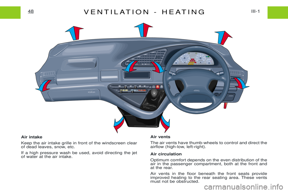 PEUGEOT EXPERT 2001  Owners Manual VENTILATION - HEATINGIII-1
48
Air intake Keep the air intake grille in front of the windscreen clear 
of dead leaves, snow, etc. If a high pressure wash be used, avoid directing the jet of water at th