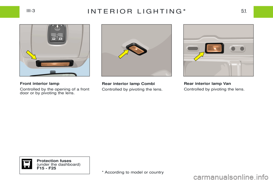 PEUGEOT EXPERT 2001  Owners Manual INTERIOR LIGHTING*51III-3
Front interior lamp Controlled by the opening of a front door or by pivoting the lens. Rear interior lamp Combi Controlled by pivoting the lens.
Rear interior lamp VanControl
