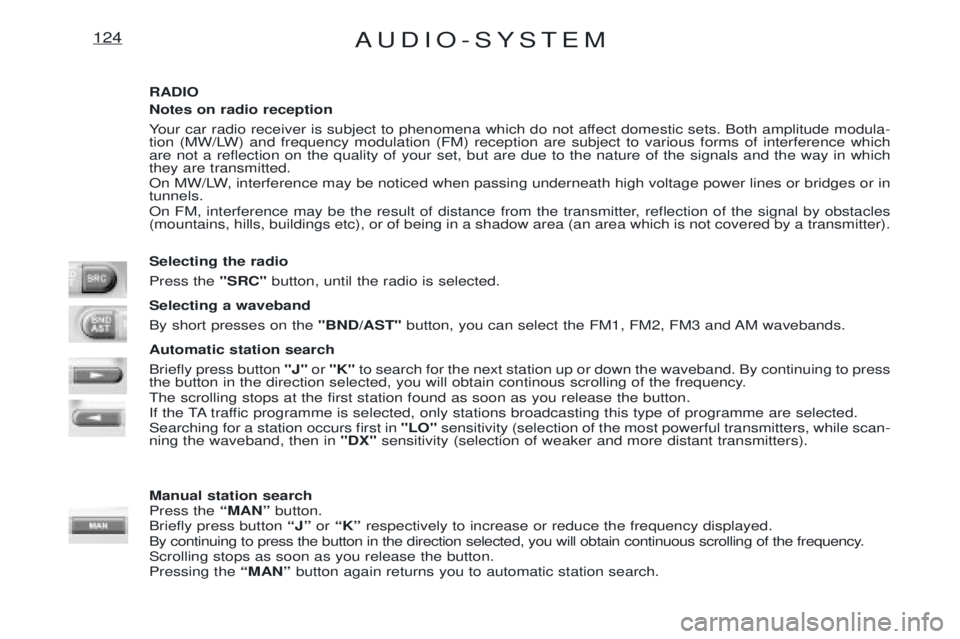 PEUGEOT EXPERT 2001 Owners Manual AUDIO-SYSTEM124
RADIO Notes on radio reception
Your car radio receiver is subject to phenomena which do not affect domestic sets. Both amplitude modula-
tion (MW/LW) and frequency modulation (FM) re PEUGEOT EXPERT 2001 Owners Manual AUDIO-SYSTEM124
RADIO Notes on radio reception
Your car radio receiver is subject to phenomena which do not affect domestic sets. Both amplitude modula-
tion (MW/LW) and frequency modulation (FM) re