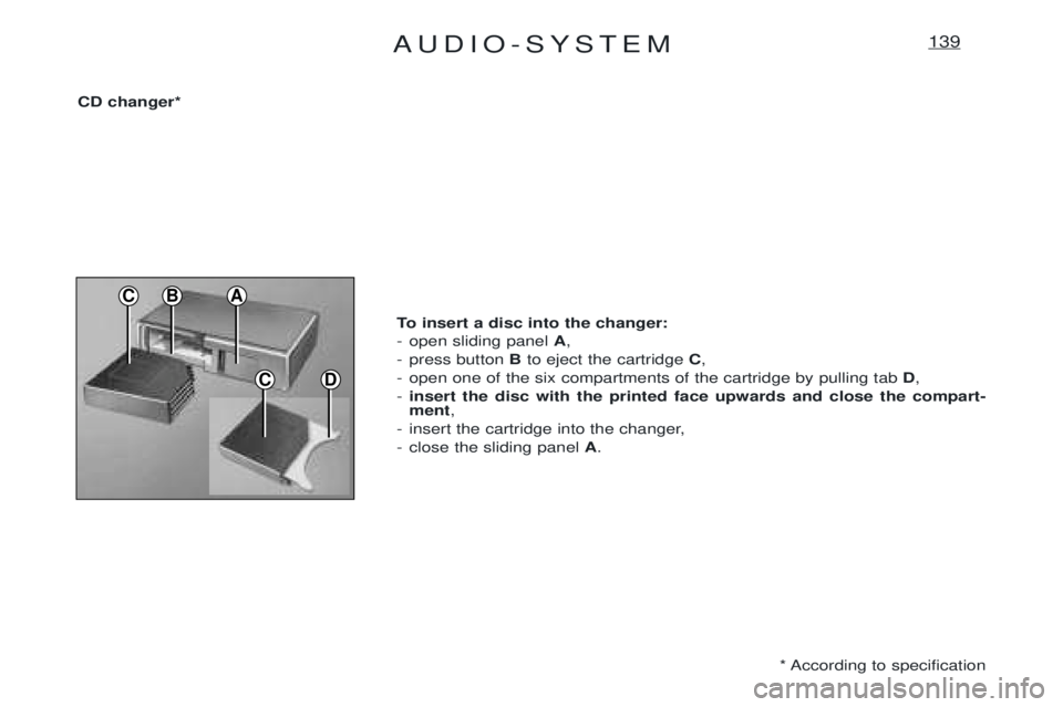 PEUGEOT EXPERT 2001  Owners Manual AUDIO-SYSTEM139
CD
C
CD changer** According to specification
To insert a disc into the changer: 
- open sliding panel 
A,
- press button  Bto eject the cartridge  C,
- open one of the six compartments