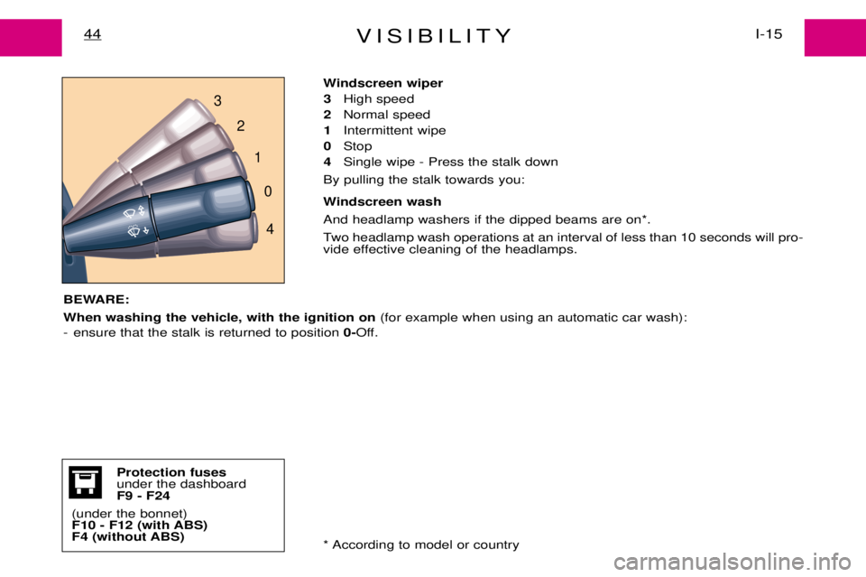 PEUGEOT EXPERT DAG 2001  Owners Manual VISIBILITYI-15
44
Windscreen wiper
3 High speed
2 Normal speed
1 Intermittent wipe
0 Stop
4 Single wipe - Press the stalk down
By pulling the stalk towards you: 
Windscreen wash And headlamp washers i