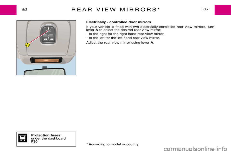 PEUGEOT EXPERT DAG 2001  Owners Manual REAR VIEW MIRRORS*I-17
48
Electrically - controlled door mirrors If your vehicle is fitted with two electrically controlled rear view mirrors, turn lever  Ato select the desired rear view mirror:
- to