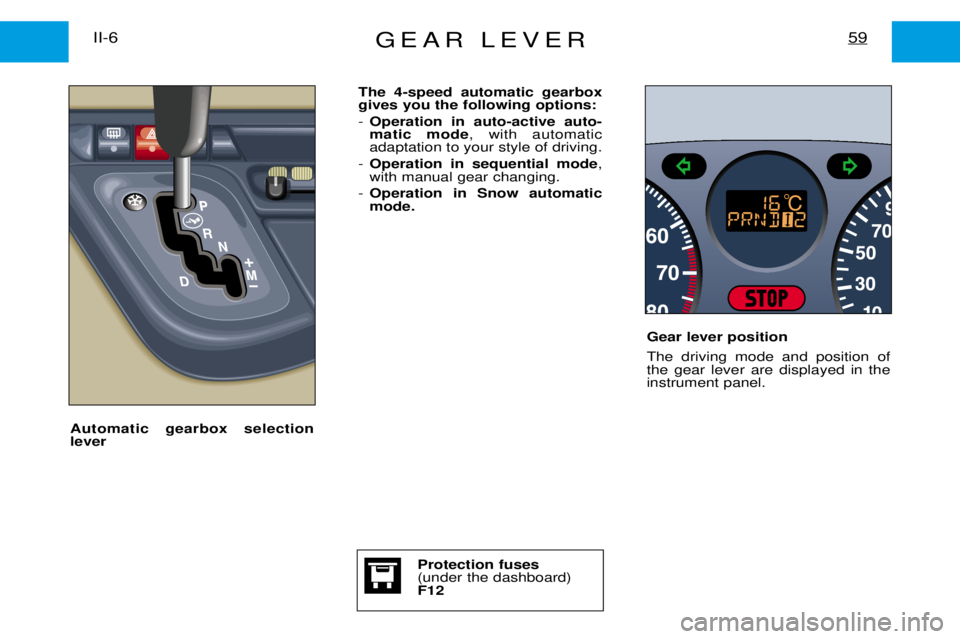 PEUGEOT EXPERT DAG 2001  Owners Manual GEAR LEVER59II-6
The 4-speed automatic gearbox gives you the following options: -Operation in auto-active auto- matic mode , with automatic
adaptation to your style of driving.
- Operation in sequenti