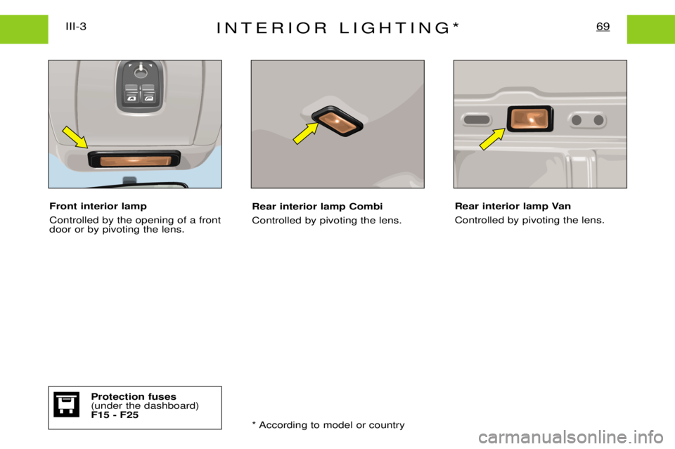 PEUGEOT EXPERT DAG 2001  Owners Manual INTERIOR LIGHTING*69III-3
Front interior lamp Controlled by the opening of a front door or by pivoting the lens.Rear interior lamp Combi Controlled by pivoting the lens.
Rear interior lamp VanControll