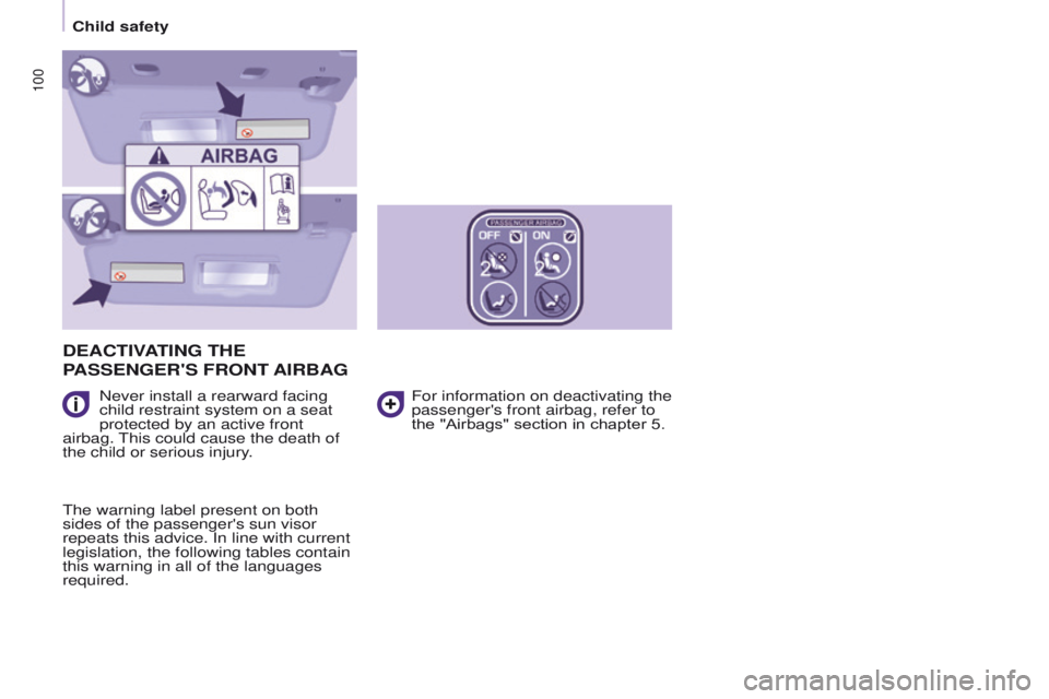 PEUGEOT PARTNER 2014  Owners Manual 100
Partner-2-VU_en_Chap05_Securite_ed02-2014
DEACTIVATING THE 
P
ASSENGER ' S  
FRONT
   AIRBAG
Never install a rearward facing 
child restraint system on a seat 
protected by an active front 
ai