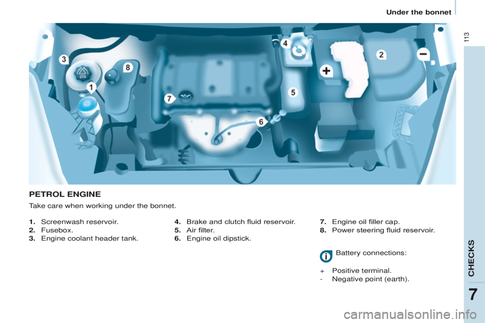 PEUGEOT PARTNER 2014  Owners Manual 11 3
Partner-2-VU_en_Chap07_Verification_ed02-2014
PETROL ENGINE
1. Screenwash reservoir.
2.  
Fusebox.
3.

 
Engine coolant header tank. Battery connections:
+

 
Positive terminal.
-

 
Negative poi