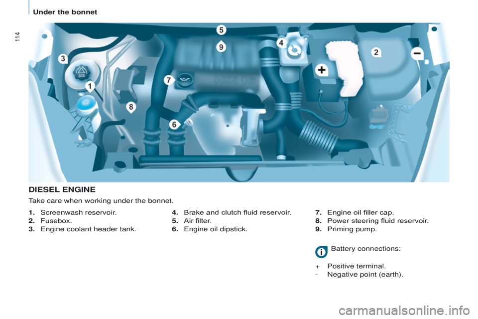 PEUGEOT PARTNER 2014  Owners Manual 11 4
Partner-2-VU_en_Chap07_Verification_ed02-2014
DIESEL ENGINE
4. Brake and clutch fluid reservoir.
5.  
Air filter
 .
6.
 
Engine oil dipstick. 7.

 Engine oil filler cap.
8.  
Power steering fluid