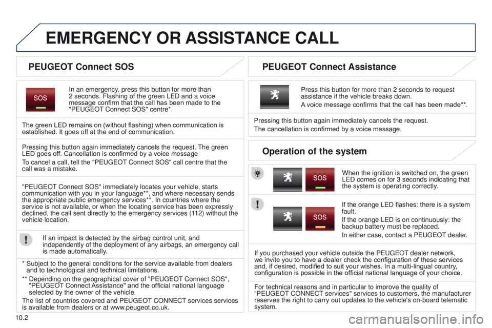 PEUGEOT PARTNER 2014 Owners Manual 10.2
Partner-2-VU_en_Chap10a_BTA_ed02-2014
EMERGENCY OR ASSIST ANCE CALL
In an emergency, press this button for more than
2
seconds. Flashing of the green LED and a voice
message confirm that t PEUGEOT PARTNER 2014 Owners Manual 10.2
Partner-2-VU_en_Chap10a_BTA_ed02-2014
EMERGENCY OR ASSIST ANCE CALL
In an emergency, press this button for more than
2
seconds. Flashing of the green LED and a voice
message confirm that t