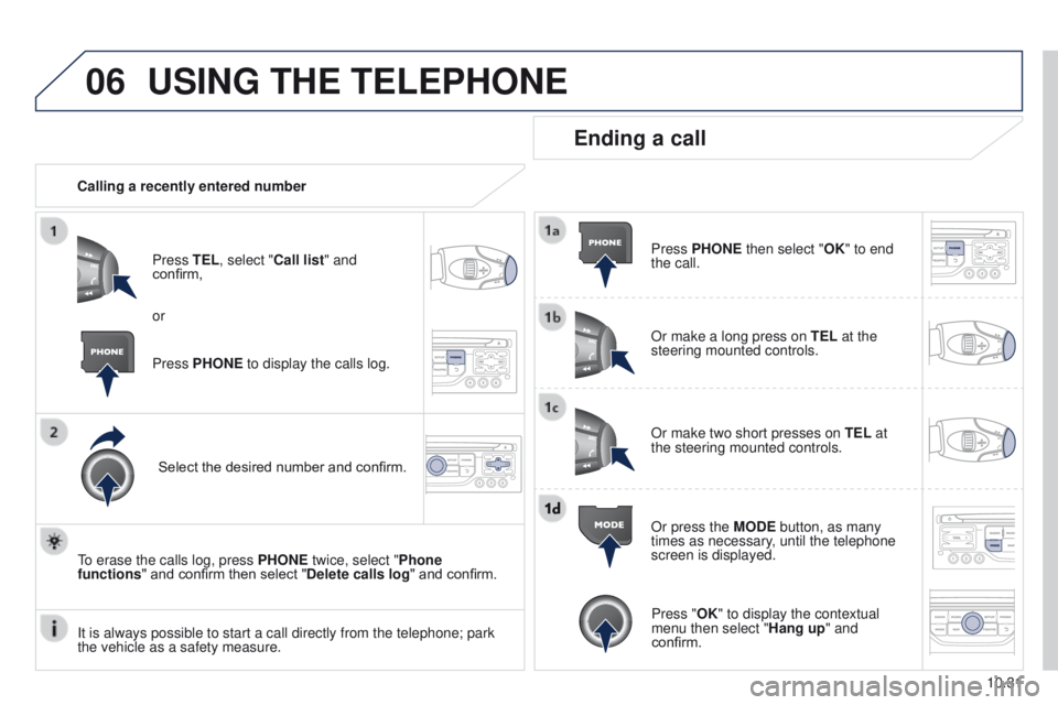 PEUGEOT PARTNER 2014  Owners Manual 06
10.31
Partner-2-VU_en_Chap10b_RT6-2-8_ed02-2014
USING THE TELEPHONE
Calling a recently entered numberPress TEL, select "Call list" and 
confirm,
Select the desired number and confirm.
To er