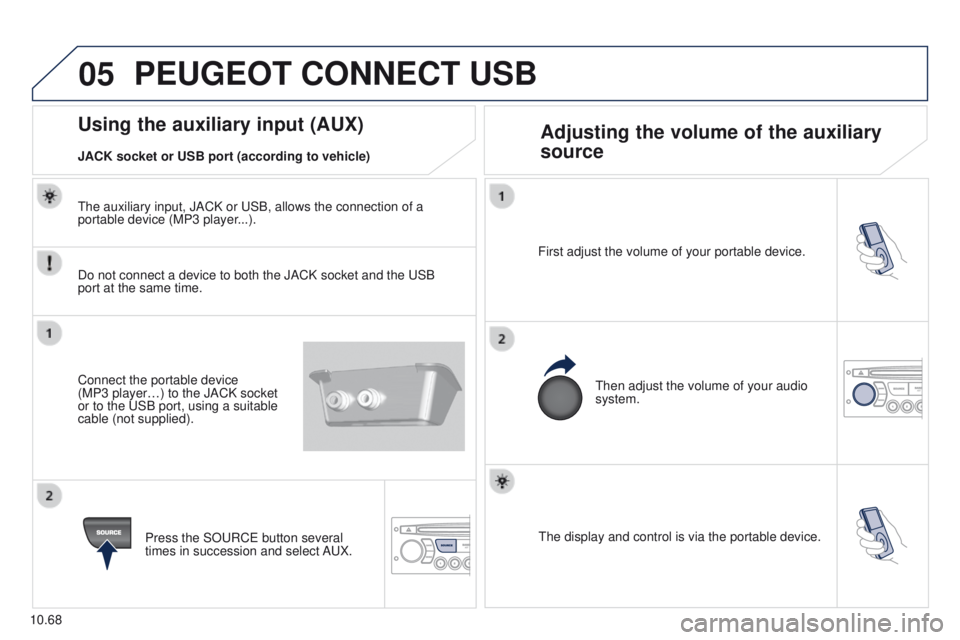 PEUGEOT PARTNER 2014  Owners Manual 05
10.68
Partner-2-VU_en_Chap10c_RD45_ed02_2014
The display and control is via the portable device.
First adjust the volume of your portable device.
Then adjust the volume of your audio 
system.
Using