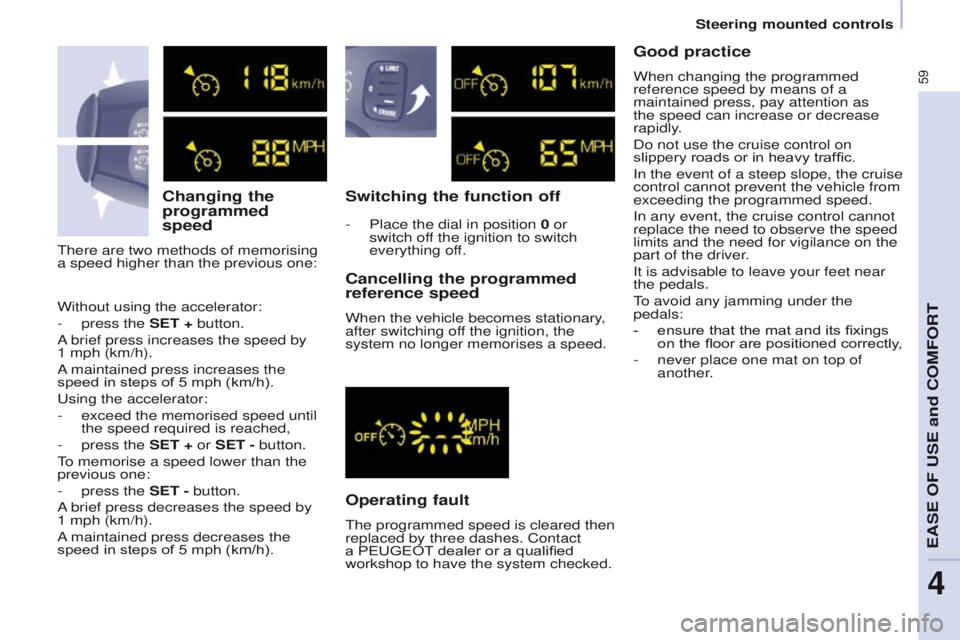 PEUGEOT PARTNER 2014 Owners Manual 59
Partner-2-VU_en_Chap04_Ergonomie_ed02-2014
Changing the
programmed
speed
There are two methods of memorising
a speed higher than the previous one:
Switching the function off
Operating fault
The PEUGEOT PARTNER 2014 Owners Manual 59
Partner-2-VU_en_Chap04_Ergonomie_ed02-2014
Changing the
programmed
speed
There are two methods of memorising
a speed higher than the previous one:
Switching the function off
Operating fault
The