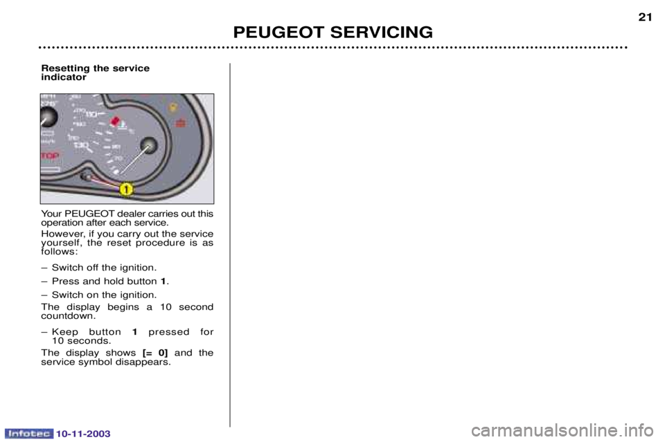 PEUGEOT PARTNER VU 2003  Owners Manual 10-11-2003
PEUGEOT SERVICING21
Resetting the service indicator 
9
,C3* !!
 

!
!! 
6
"<
!
 

<   
