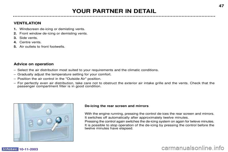 PEUGEOT PARTNER VU 2003  Owners Manual 10-11-2003
VENTILATION 1.			
	
	
2. 	
	
	
3. 		
4. 			
5. 		
Advice on operation
 
