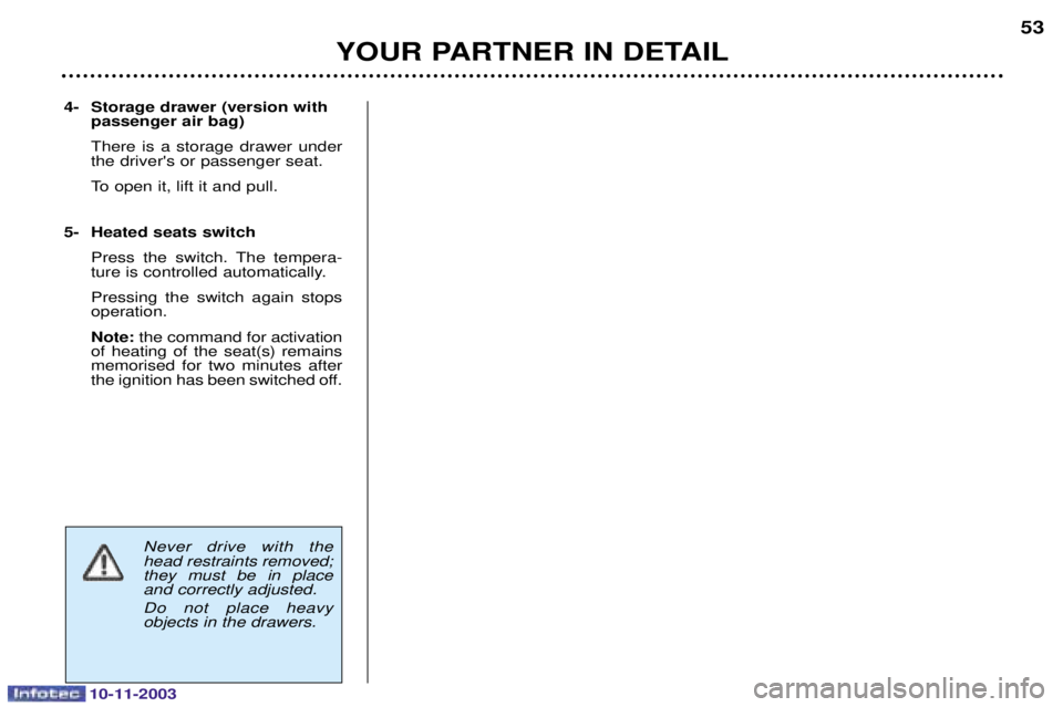 PEUGEOT PARTNER VU 2003  Owners Manual 10-11-2003
YOUR PARTNER IN DETAIL53
  	
 	
 
	
	
	
 	  
 

		
 
	  

	
	

4- Storage drawer (