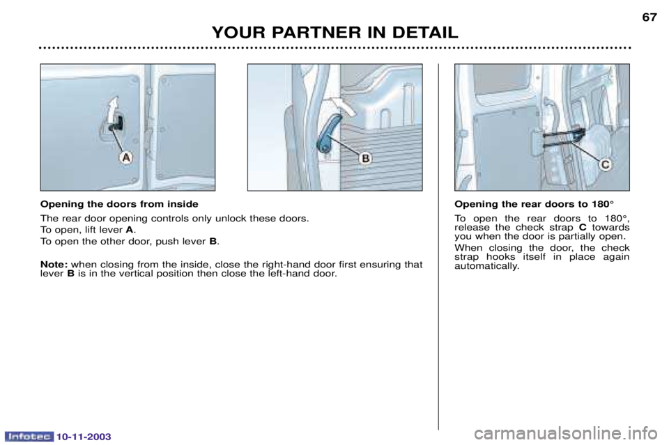 PEUGEOT PARTNER VU 2003  Owners Manual 10-11-2003
YOUR PARTNER IN DETAIL67
Opening the rear doors to 180¡   	 
	 
	
 
 
 %*&+

			 
	 	 
 C


	
	


	 
,	  
	
