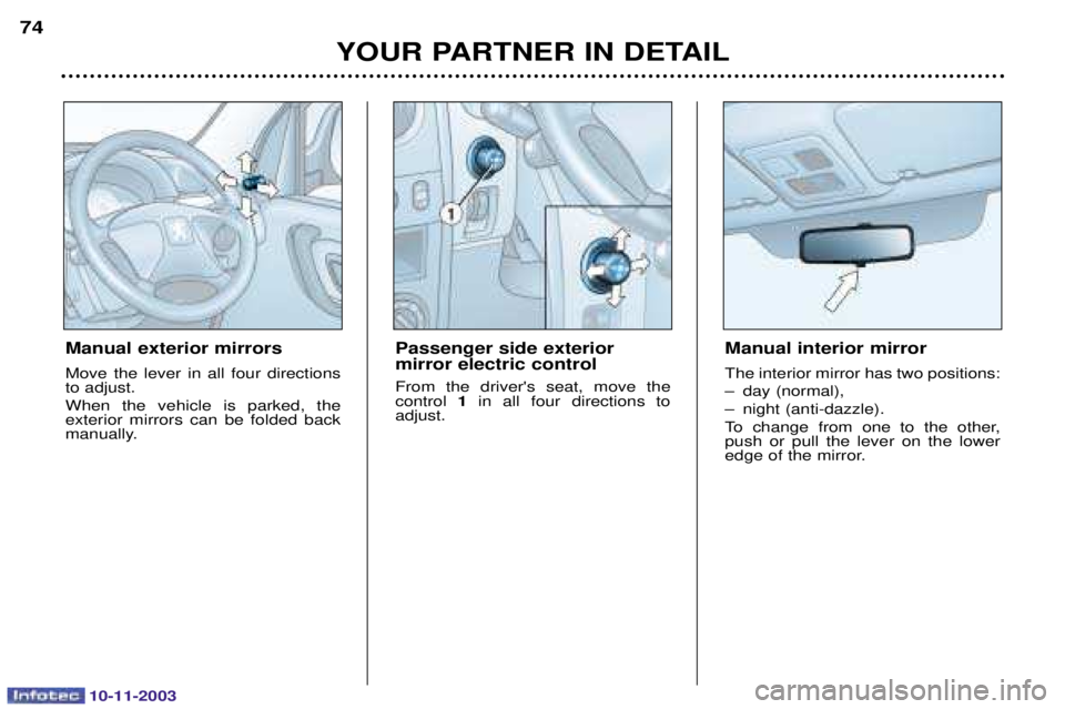 PEUGEOT PARTNER VU 2003  Owners Manual 10-11-2003
YOUR PARTNER IN DETAIL
74
Manual exterior mirrors 
  	 
  
	 
	
 
 
  
 
 	  
	
	 
			   
 

