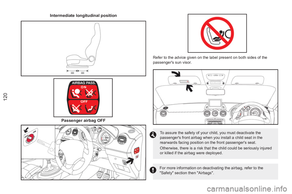 PEUGEOT RCZ 2012  Owners Manual 120
   
Intermediate longitudinal position  
 
   
 
Passenger airbag OFF  
 
 
For more information on deactivating the airbag, refer to the 
"Safety" section then "Airbags".      
Refer to the advic