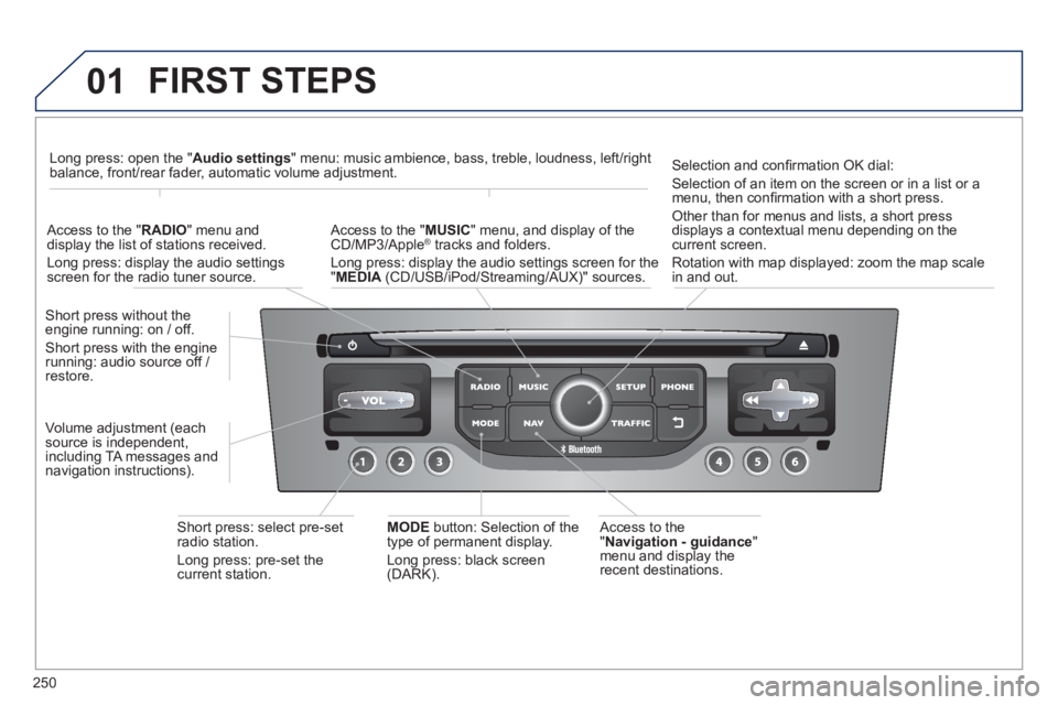 PEUGEOT RCZ 2012  Owners Manual 250
01  FIRST STEPS
 
 Access to the" Navigation - guidance"
menu and display the 
recent destinations.   Short 
press without the engine running: on / off. 
Short press with the enginerunning: audio 