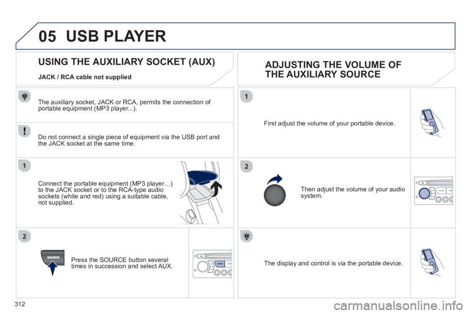 PEUGEOT RCZ 2012  Owners Manual 312
05
  The display and control is via the portable device.  First ad
just the volume of your portable device. 
  Then ad
just the volume of your audio system.
 
 
 
 
 
 
 
 
 
 
 
 
 
 
 
 
 
 
 
U