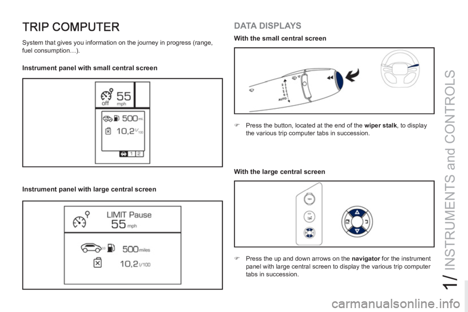 PEUGEOT RCZ 2012  Owners Manual 1/
INSTRUMENTS and CONTROLS
   
DATA DISPLAYS 
 
 
 
�) 
  Press the button, located at the end of the  wiper stalk 
, to display 
the various trip computer tabs in succession.  
 
   
 
�) 
  Press t