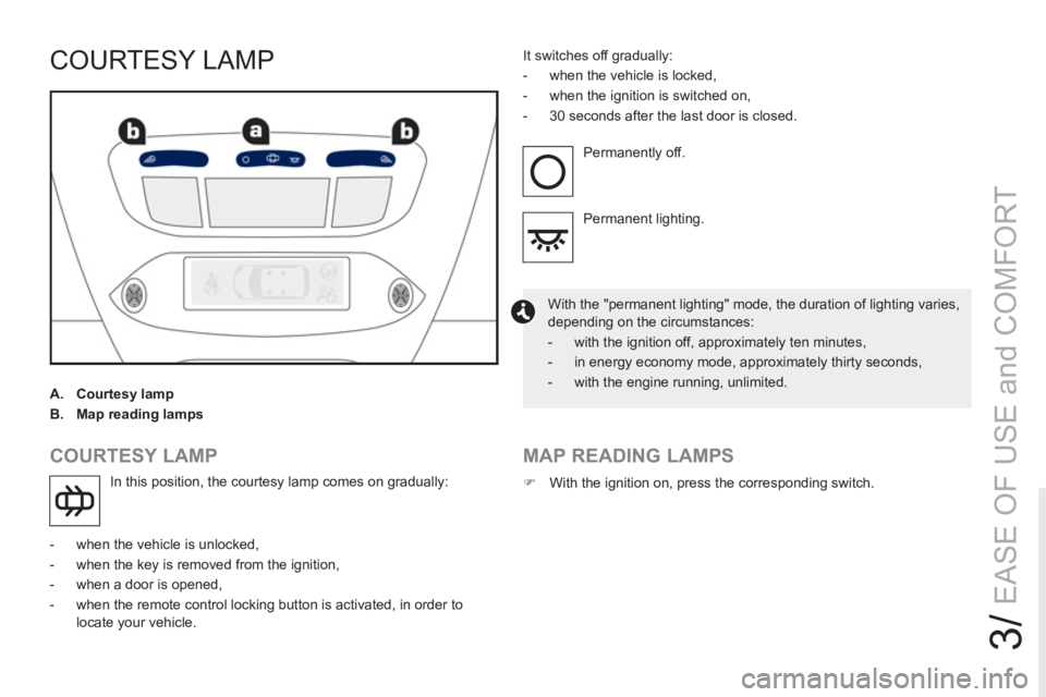 PEUGEOT RCZ 2012  Owners Manual 3/
EASE OF USE and COMFORT
COURTESY LAMP
   
 
A. 
  Courtesy lamp 
 
   
B. 
  Map reading lamps 
 
 
 
 
COURTESY LAMP 
 
In this position, the courtesy lamp comes on gradually: 
   
 
-   when the 