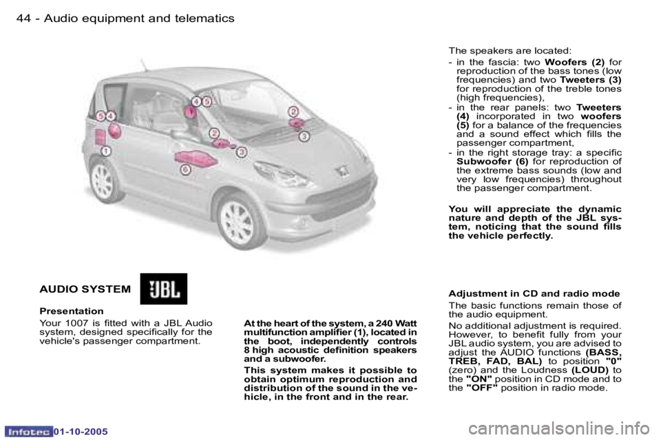 PEUGEOT 1007 2005.5  Owners Manual �4�4 �-
�0�1�-�1�0�-�2�0�0�5
�A�U�D�I�O� �S�Y�S�T�E�M
�P�r�e�s�e�n�t�a�t�i�o�n 
�Y�o�u�r�  �1�0�0�7�  �i�s�  �i�t�t�e�d�  �w�i�t�h�  �a�  �J�B�L� �A�u�d�i�o�  
�s�y�s�t�e�m�,�  �d�e�s�i�g�n�e�d�  �s�p