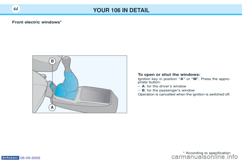 PEUGEOT 106 2001.5  Owners Manual YOUR 106 IN DETAIL64
Front electric windows*To  open or shut the windows:
Ignition key in position  “A”or “M” . Press the appro-
priate button:   Ð A: for the driverÕs window
Ð B: for the p
