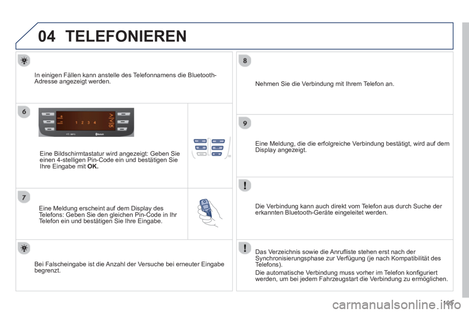 PEUGEOT 107 2012  Betriebsanleitungen (in German) 04
105
TELEFONIEREN
   
Eine Bildschirmtastatur wird angezeigt: Geben Sieeinen 4-stelligen Pin-Code ein und bestätigen SieIhre Eingabe mit  OK.
 
 
Eine Meldung erscheint auf dem Display des
Telefons