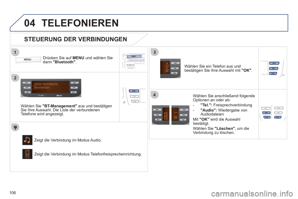PEUGEOT 107 2012  Betriebsanleitungen (in German)  
04
106
TELEFONIEREN
Drücken Sie auf  MENU   und wählen Sie dann "Bluetooth".
Wählen Sie "BT-Management" 
 aus und bestätigenSie Ihre Auswahl. Die Liste der verbundenen
Telefone wird angezeigt.
Z