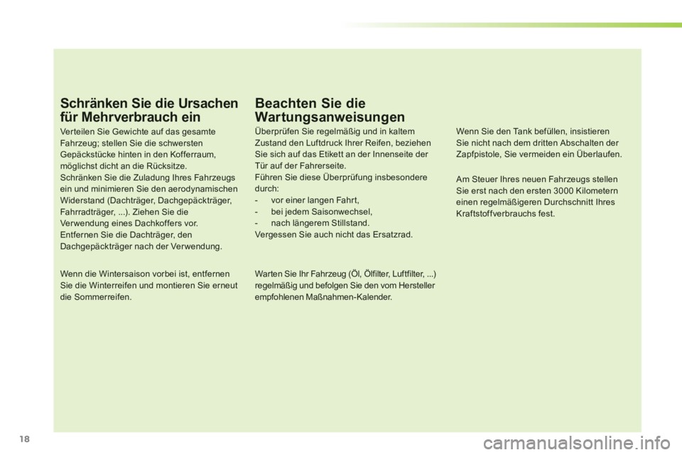 PEUGEOT 107 2012 Betriebsanleitungen (in German) 18
Schränken Sie die Ursachen
für Mehrverbrauch ein
Ver teilen Sie Gewichte auf das gesamte Fahr zeug; stellen Sie die schwerstenGepäckstücke hinten in den Kofferraum, möglichst dicht an die R PEUGEOT 107 2012 Betriebsanleitungen (in German) 18
Schränken Sie die Ursachen
für Mehrverbrauch ein
Ver teilen Sie Gewichte auf das gesamte Fahr zeug; stellen Sie die schwerstenGepäckstücke hinten in den Kofferraum, möglichst dicht an die R