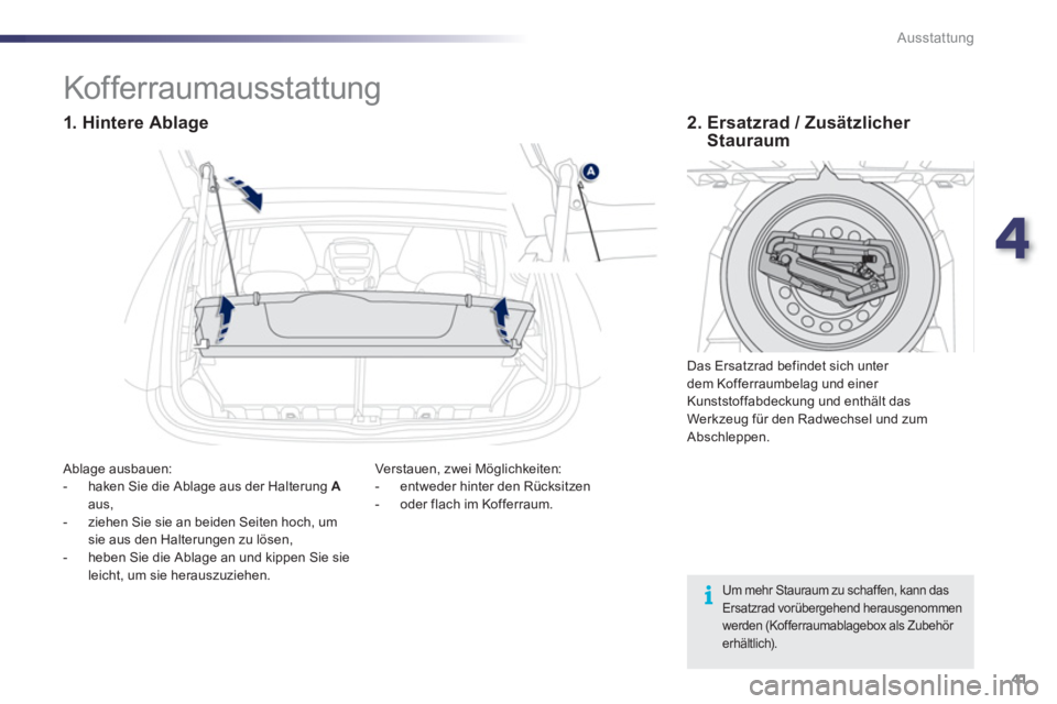 PEUGEOT 107 2012  Betriebsanleitungen (in German) 4
41 Ausstattung
Um mehr Stauraum zu schaffen, kann das Ersatzrad vorübergehend herausgenommenwerden (Kofferraumablagebox als Zubehör erhältlich).  
 
 
 
 
 
 
 
 
 
 
 
 
 
 
 
Kof ferraumausstat