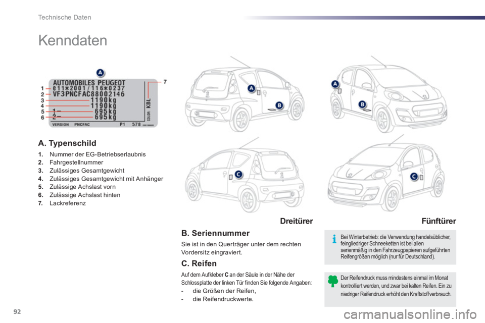 PEUGEOT 107 2012  Betriebsanleitungen (in German) Technische Daten
92
   
 
 
 
 
 
 
 
 
 
 
Kenndaten  
 
 
B. Seriennummer 
 
Sie ist in den Querträger unter dem rechten 
Vorder sit z eingraviert.  
A. Typenschild
1. 
  Nummer der EG-Betriebserla