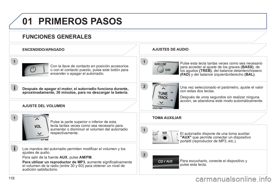 PEUGEOT 107 2012 Manual del propietario (in Spanish) 01
118
PRIMEROS PASOS
Con la llave de contacto en posición accesorioso con el contacto puesto, pulse este botón paraencender o apagar el autorradio.
Después de unos se
gundos sin realizar n PEUGEOT 107 2012 Manual del propietario (in Spanish) 01
118
PRIMEROS PASOS
Con la llave de contacto en posición accesorioso con el contacto puesto, pulse este botón paraencender o apagar el autorradio.
Después de unos se
gundos sin realizar n